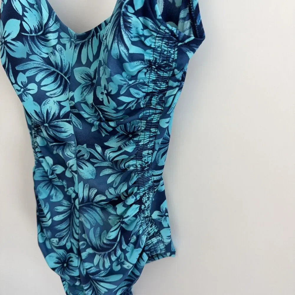 Vtg Maxine of Hollywood Sz 12 Blue Floral One Piece Swimsuit Ruched Tropical 90s
